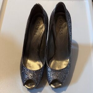GUESS Silver Glitter Peep Toe Heels